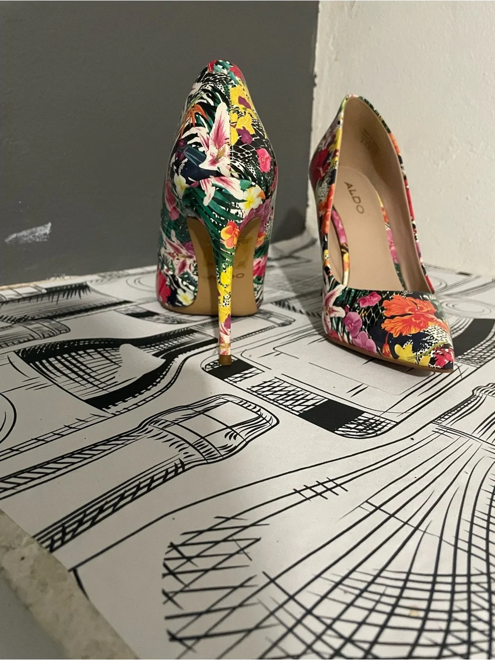 ALDO Floral Pointed-Toe Stiletto Heels in Black, Green, Orange, Pink